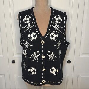 Soccer Football Novelty Sweater Vest Size Large Embroidered Black Buttons Sports
